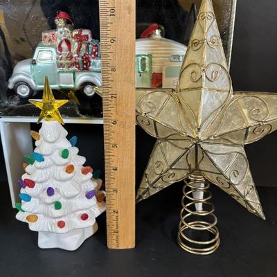 LOT 112: Holiday Collectibles: Miniature Peanuts Book & Charlie Brown Tree, NECA Snow Miser Bobble Head, Disney Ornaments, Gourd...