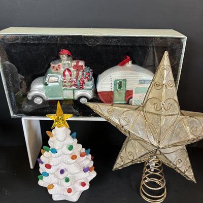 LOT 112: Holiday Collectibles: Miniature Peanuts Book & Charlie Brown Tree, NECA Snow Miser Bobble Head, Disney Ornaments, Gourd...