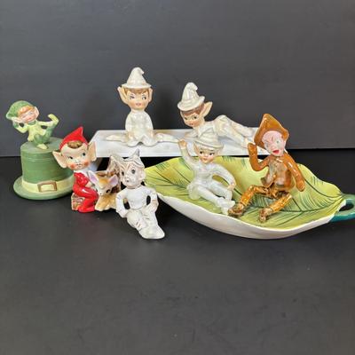 LOT 113: Vintage Pixies & Elves Figures including Lefton, a Candle Hugger & Christmas