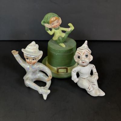 LOT 113: Vintage Pixies & Elves Figures including Lefton, a Candle Hugger & Christmas