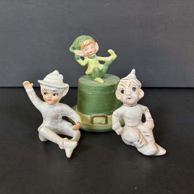 LOT 113: Vintage Pixies & Elves Figures including Lefton, a Candle Hugger & Christmas