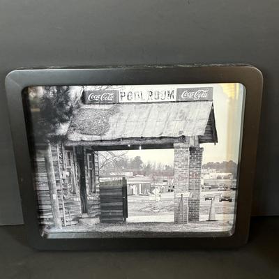 LOT 114: Black & White Framed Photos of Store Fronts, Ande Rooney Metal Sign, Coca-Cola Glasses, 1993 Coca-Cola Vending Machine...