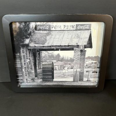 LOT 114: Black & White Framed Photos of Store Fronts, Ande Rooney Metal Sign, Coca-Cola Glasses, 1993 Coca-Cola Vending Machine...