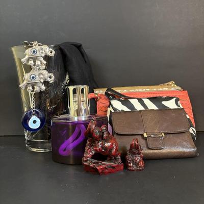 LOT 117: Lampe Berger Catalytic Fragrance Lamp, Red Resin Elephants, Lucky Elephants Wall Decor w/Turkish Evil Eye (Worry Bead),...