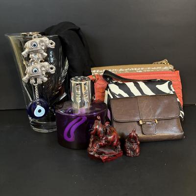 LOT 117: Lampe Berger Catalytic Fragrance Lamp, Red Resin Elephants, Lucky Elephants Wall Decor w/Turkish Evil Eye (Worry Bead),...