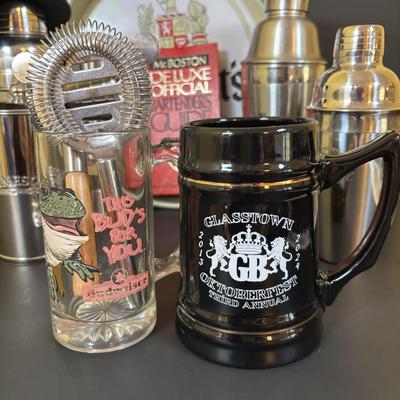 LOT 119: Large Barware Collection: Schmidt's Serving Tray, Grey Goose Mixing Set, Frosted Shot Glasses, Corona Salt/Pepper Shakers...