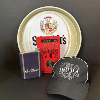 LOT 119: Large Barware Collection: Schmidt's Serving Tray, Grey Goose Mixing Set, Frosted Shot Glasses, Corona Salt/Pepper Shakers...