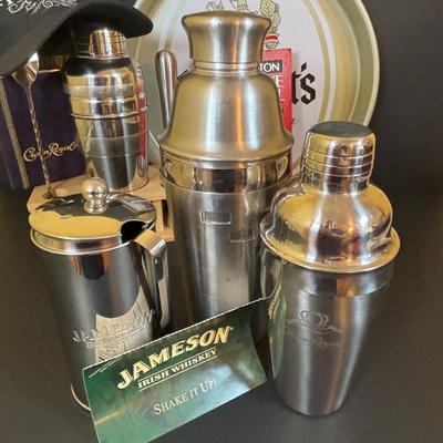 LOT 119: Large Barware Collection: Schmidt's Serving Tray, Grey Goose Mixing Set, Frosted Shot Glasses, Corona Salt/Pepper Shakers...