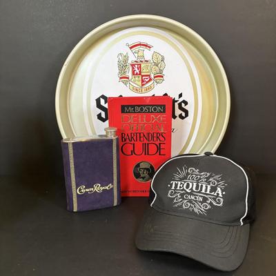 LOT 119: Large Barware Collection: Schmidt's Serving Tray, Grey Goose Mixing Set, Frosted Shot Glasses, Corona Salt/Pepper Shakers...