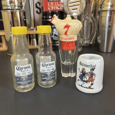 LOT 119: Large Barware Collection: Schmidt's Serving Tray, Grey Goose Mixing Set, Frosted Shot Glasses, Corona Salt/Pepper Shakers...