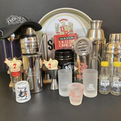 LOT 119: Large Barware Collection: Schmidt's Serving Tray, Grey Goose Mixing Set, Frosted Shot Glasses, Corona Salt/Pepper Shakers...