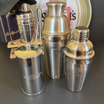 LOT 119: Large Barware Collection: Schmidt's Serving Tray, Grey Goose Mixing Set, Frosted Shot Glasses, Corona Salt/Pepper Shakers...