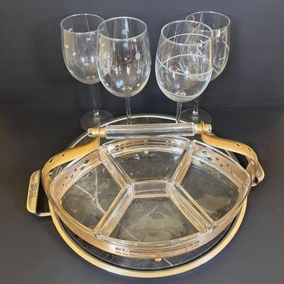 LOT 120: Art Deco Style Brass & Glass Serving Tray & Etched Wine Glasses