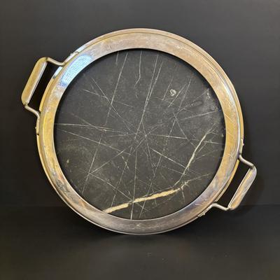 LOT 120: Art Deco Style Brass & Glass Serving Tray & Etched Wine Glasses