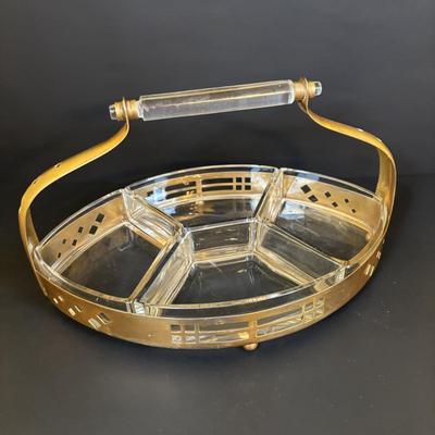 LOT 120: Art Deco Style Brass & Glass Serving Tray & Etched Wine Glasses