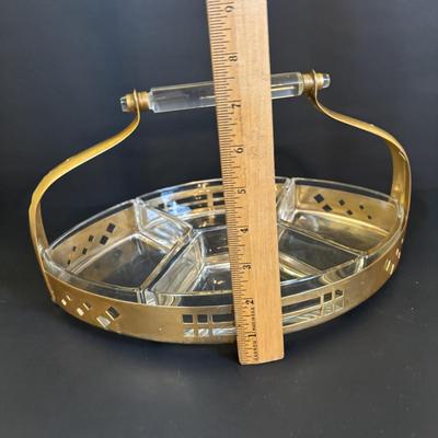 LOT 120: Art Deco Style Brass & Glass Serving Tray & Etched Wine Glasses