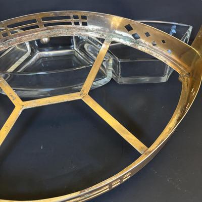 LOT 120: Art Deco Style Brass & Glass Serving Tray & Etched Wine Glasses