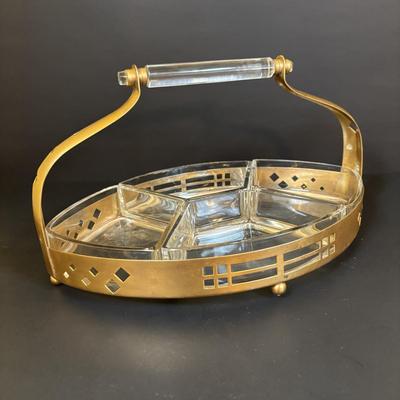 LOT 120: Art Deco Style Brass & Glass Serving Tray & Etched Wine Glasses