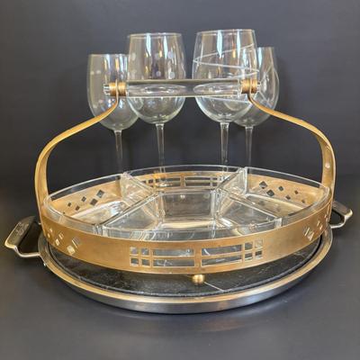 LOT 120: Art Deco Style Brass & Glass Serving Tray & Etched Wine Glasses