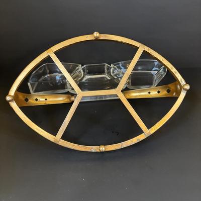 LOT 120: Art Deco Style Brass & Glass Serving Tray & Etched Wine Glasses