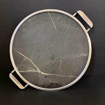 LOT 120: Art Deco Style Brass & Glass Serving Tray & Etched Wine Glasses