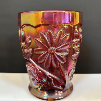LOT 121: Fenton Red Floral Carnival Glass, Marigold Carnival Glass Dish & an Orange Translucent Tumbler