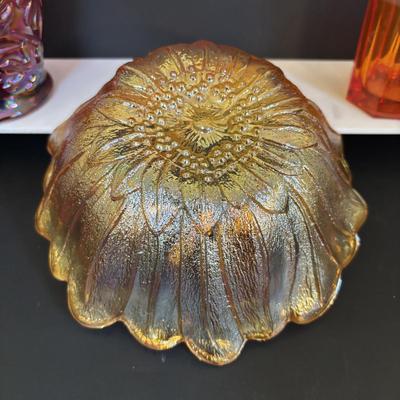 LOT 121: Fenton Red Floral Carnival Glass, Marigold Carnival Glass Dish & an Orange Translucent Tumbler