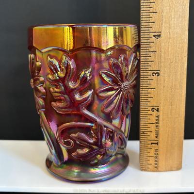 LOT 121: Fenton Red Floral Carnival Glass, Marigold Carnival Glass Dish & an Orange Translucent Tumbler