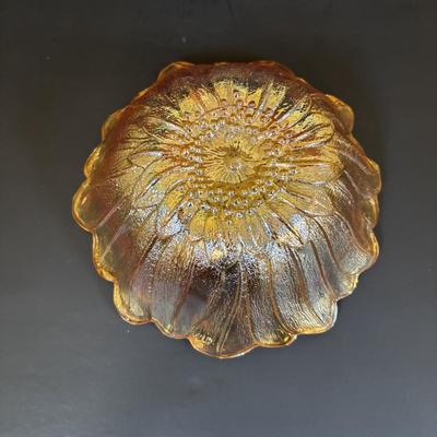 LOT 121: Fenton Red Floral Carnival Glass, Marigold Carnival Glass Dish & an Orange Translucent Tumbler