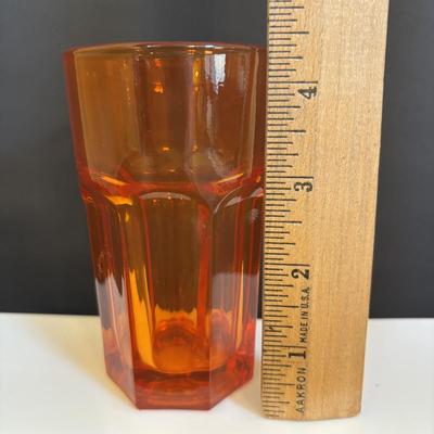 LOT 121: Fenton Red Floral Carnival Glass, Marigold Carnival Glass Dish & an Orange Translucent Tumbler