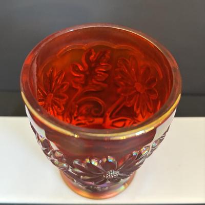 LOT 121: Fenton Red Floral Carnival Glass, Marigold Carnival Glass Dish & an Orange Translucent Tumbler