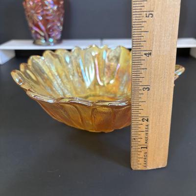 LOT 121: Fenton Red Floral Carnival Glass, Marigold Carnival Glass Dish & an Orange Translucent Tumbler
