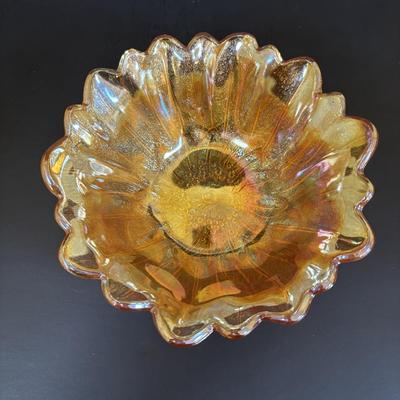 LOT 121: Fenton Red Floral Carnival Glass, Marigold Carnival Glass Dish & an Orange Translucent Tumbler