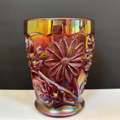 LOT 121: Fenton Red Floral Carnival Glass, Marigold Carnival Glass Dish & an Orange Translucent Tumbler