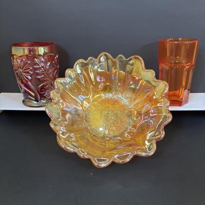 LOT 121: Fenton Red Floral Carnival Glass, Marigold Carnival Glass Dish & an Orange Translucent Tumbler