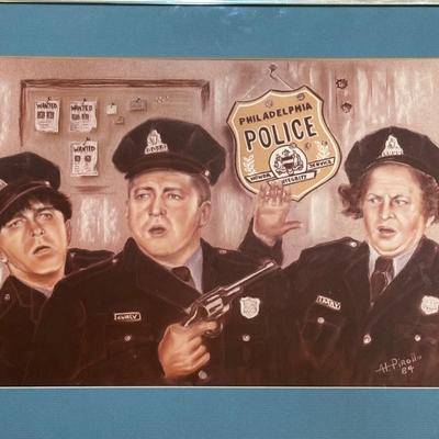 LOT 130: Signed & Dated by Graphic Artist Al. Pirollo Pastel Drawing of the Three Stooges as Philadelphia Police