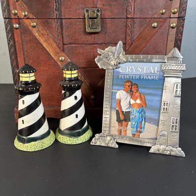 LOT 131: Seaside Collection of Light Houses, Oil Painting, Fish Platter & Wooden Chest