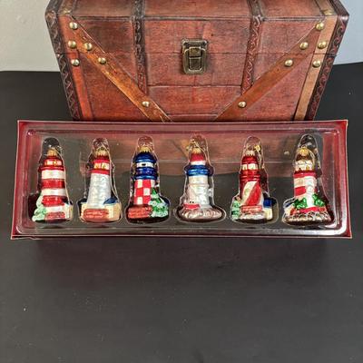 LOT 131: Seaside Collection of Light Houses, Oil Painting, Fish Platter & Wooden Chest
