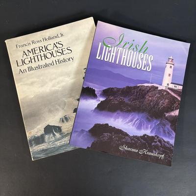 LOT 131: Seaside Collection of Light Houses, Oil Painting, Fish Platter & Wooden Chest