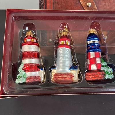 LOT 131: Seaside Collection of Light Houses, Oil Painting, Fish Platter & Wooden Chest