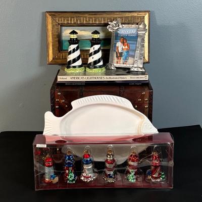 LOT 131: Seaside Collection of Light Houses, Oil Painting, Fish Platter & Wooden Chest