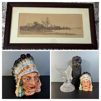 LOT 134: Country Landscape Etching, Vintage Native American Jar, Maltese Falcon Replica & Cristal Darqueas Eagle