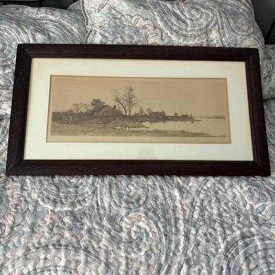 LOT 134: Country Landscape Etching, Vintage Native American Jar, Maltese Falcon Replica & Cristal Darqueas Eagle