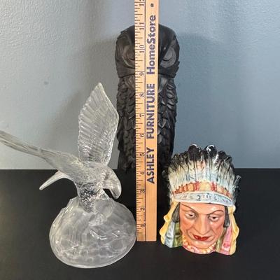 LOT 134: Country Landscape Etching, Vintage Native American Jar, Maltese Falcon Replica & Cristal Darqueas Eagle