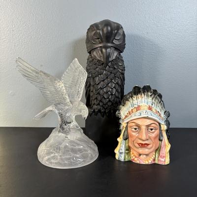 LOT 134: Country Landscape Etching, Vintage Native American Jar, Maltese Falcon Replica & Cristal Darqueas Eagle