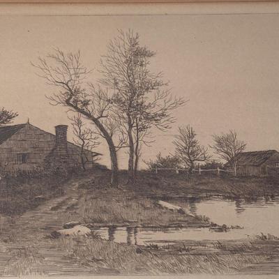 LOT 134: Country Landscape Etching, Vintage Native American Jar, Maltese Falcon Replica & Cristal Darqueas Eagle