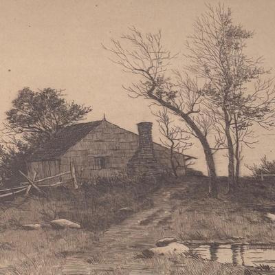 LOT 134: Country Landscape Etching, Vintage Native American Jar, Maltese Falcon Replica & Cristal Darqueas Eagle