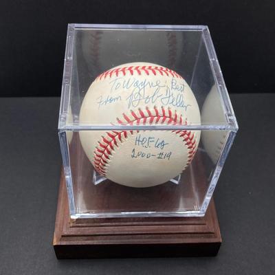 LOT 138: Autographed Robin Roberts HOF 76 Phillies Pitcher with COA and Numbered Bob Feller Ball HOF 62