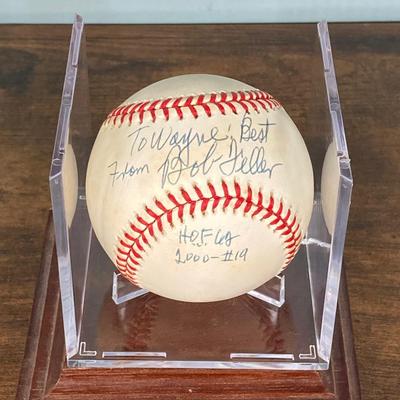 LOT 138: Autographed Robin Roberts HOF 76 Phillies Pitcher with COA and Numbered Bob Feller Ball HOF 62