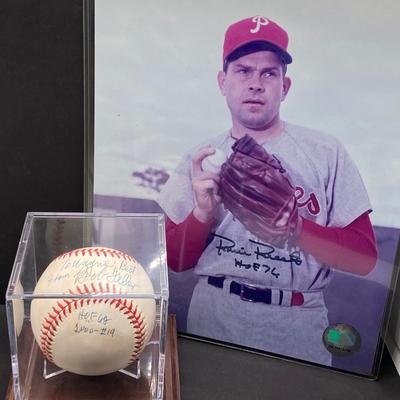 LOT 138: Autographed Robin Roberts HOF 76 Phillies Pitcher with COA and Numbered Bob Feller Ball HOF 62